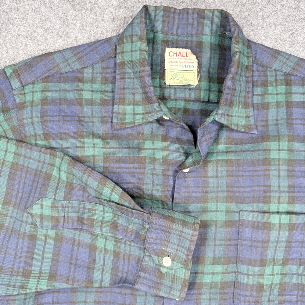 Vintage LL Bean Challa Shirt Mens Green Blue Plaid Lambswool Cotton Swiss Fabric